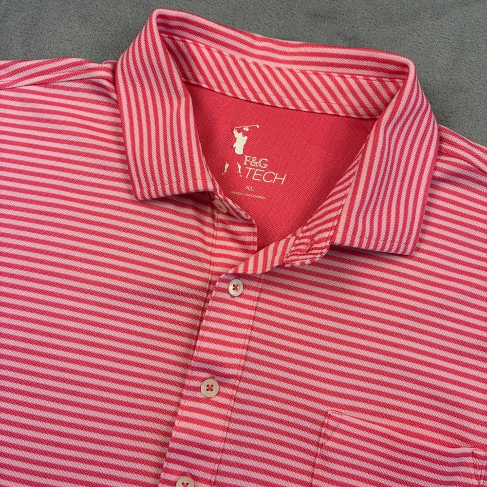 F&G Tech XL Pink White Striped Golf Polo Shirt Moisture Wicking Pocket Stretch